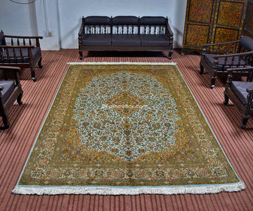 Pastel Blue Kashan Silk Carpet - KashmirBox.com