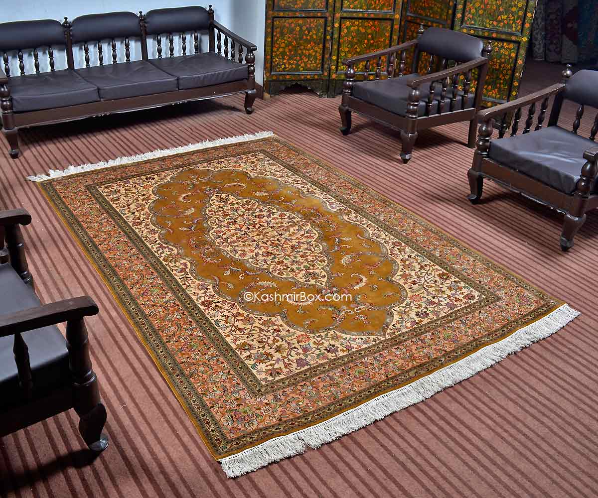 Gold Kirman Kashan Silk Carpet - KashmirBox.com
