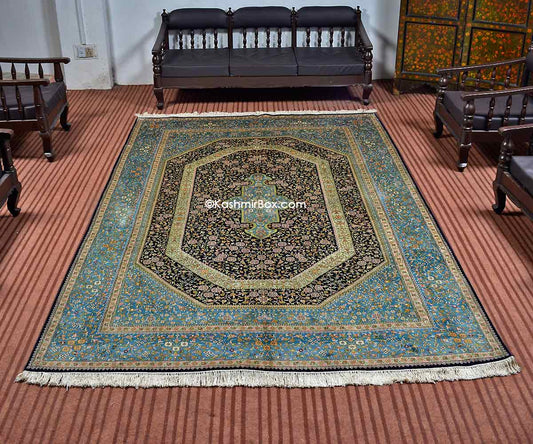 Blue Rocket Kashan Silk Carpet - KashmirBox.com
