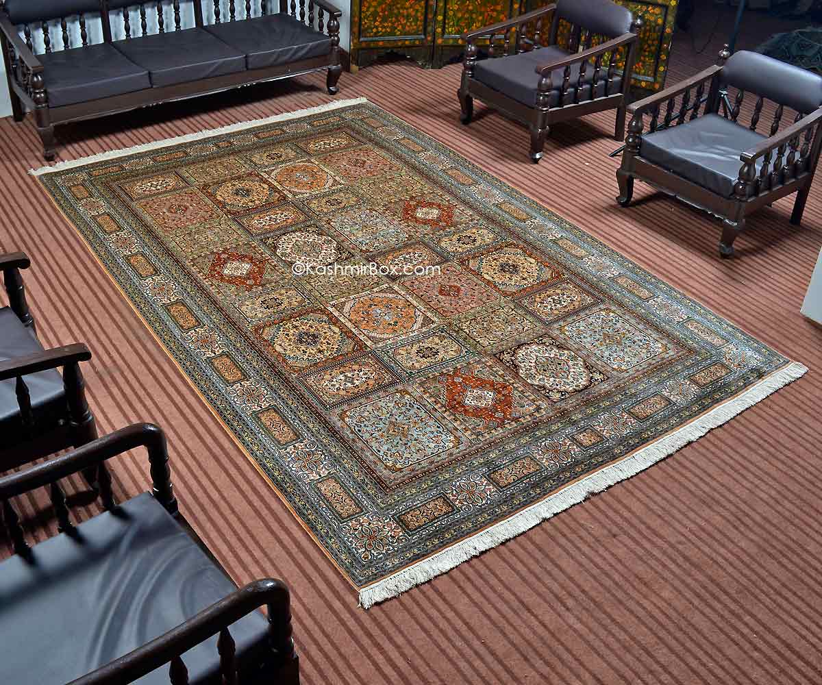 Fawn Akbar Tile Silk Carpet - KashmirBox.com