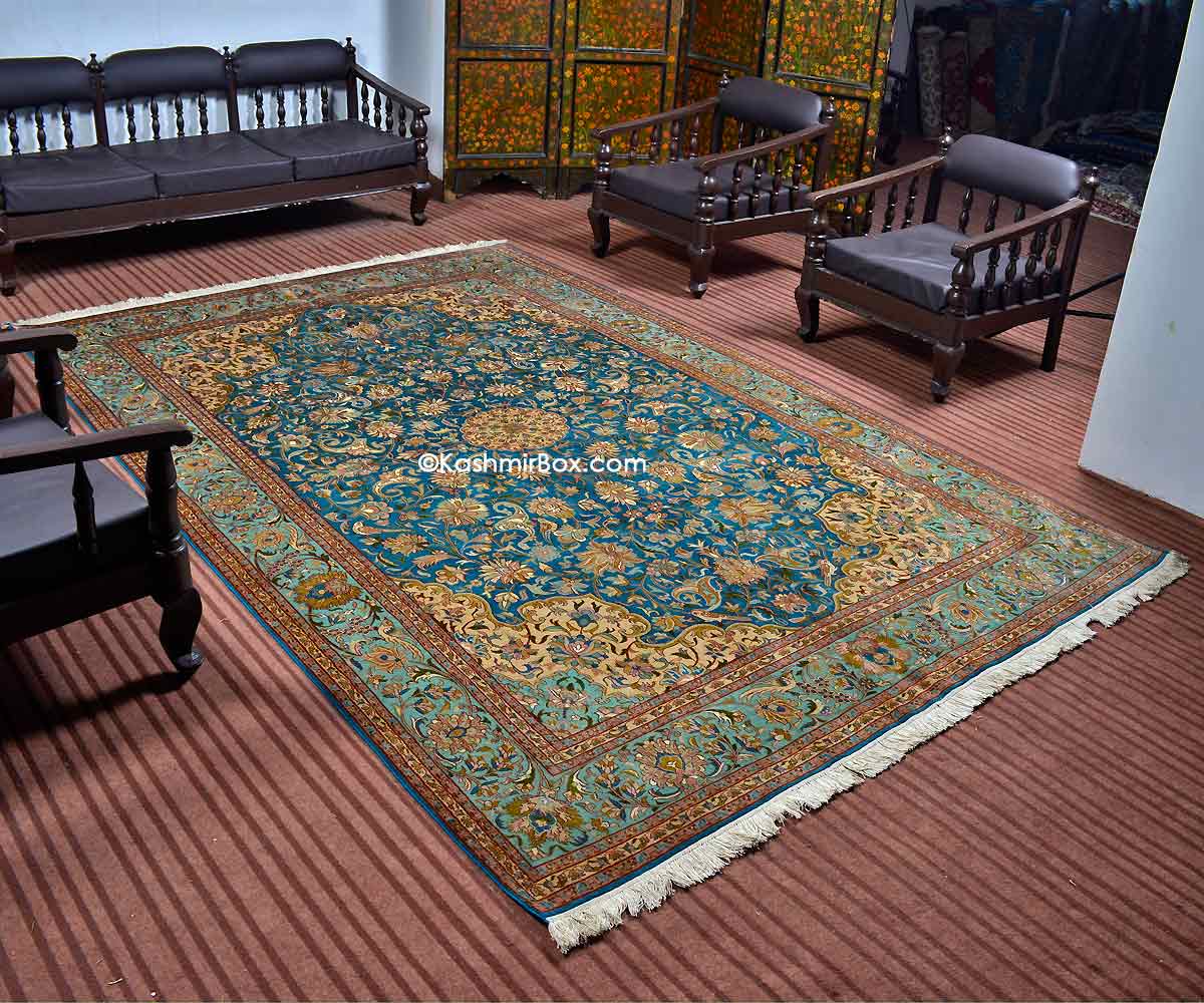 Ferozi All Over Silk Carpet - KashmirBox.com
