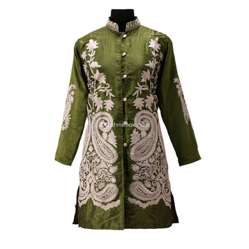 Basil Green Aari Embroidered Silk Jacket - KashmirBox.com