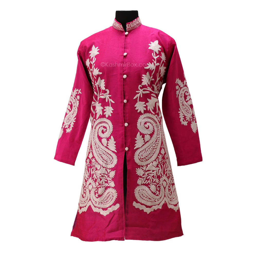 Pink Aari Embroidered Silk Jacket - KashmirBox.com