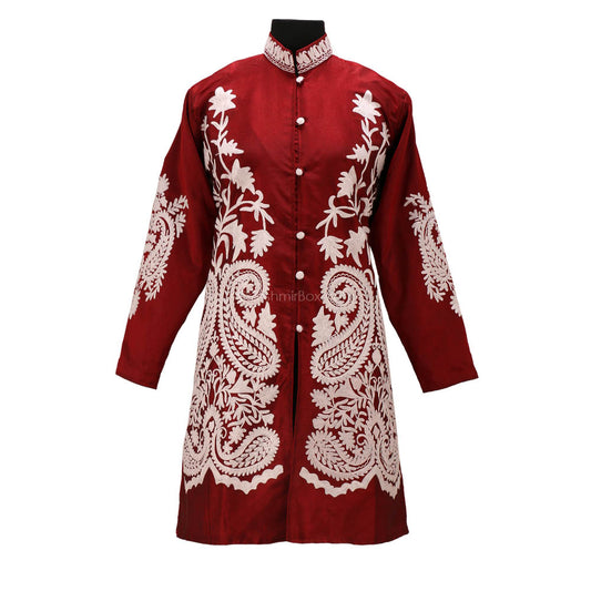 Jam Red Embroidered Silk Jacket - KashmirBox.com