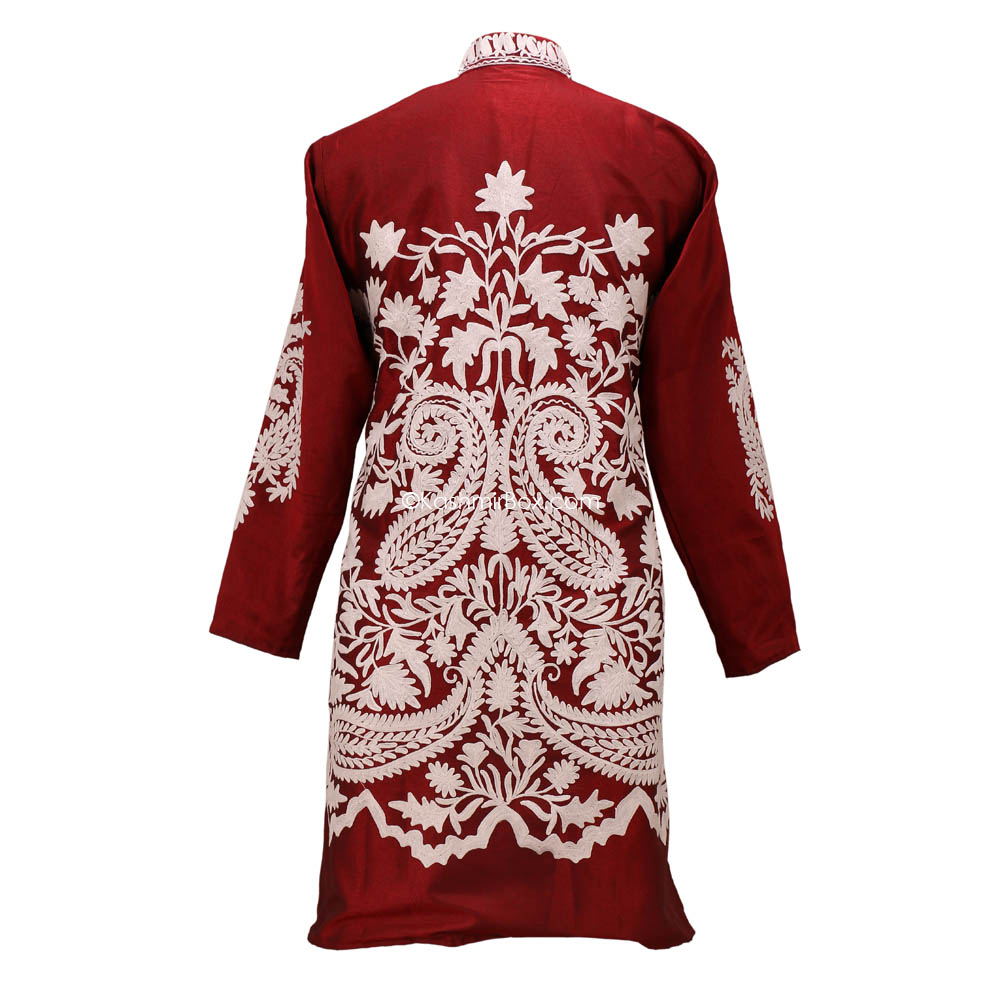 Jam Red Embroidered Silk Jacket - KashmirBox.com