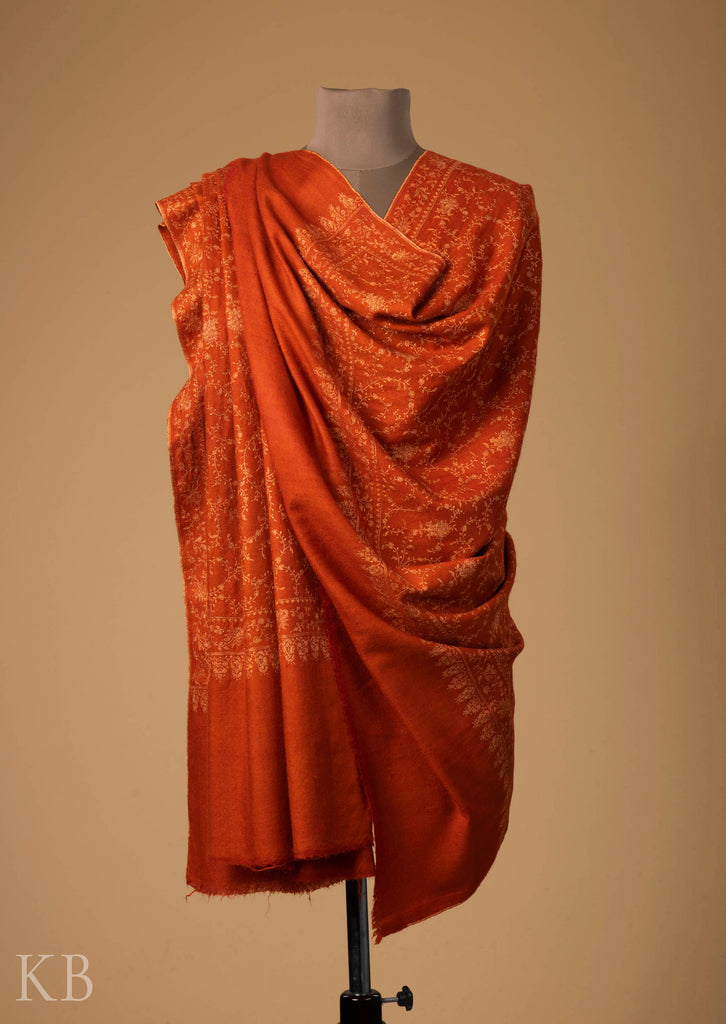Orange Neem Jama Silk Thread Embroidered Pashmina Shawl - Kashmir Box