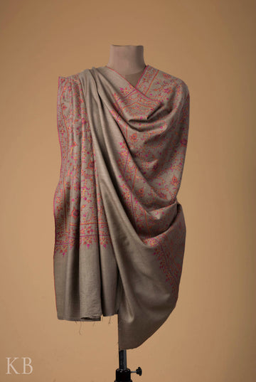 Natural Neem Jama Silk Thread Embroidered Pashmina Shawl - Kashmir Box