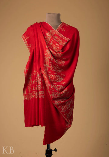 Red Palla Kaari Silk Thread Embroidered Pashmina Shawl - Kashmir Box