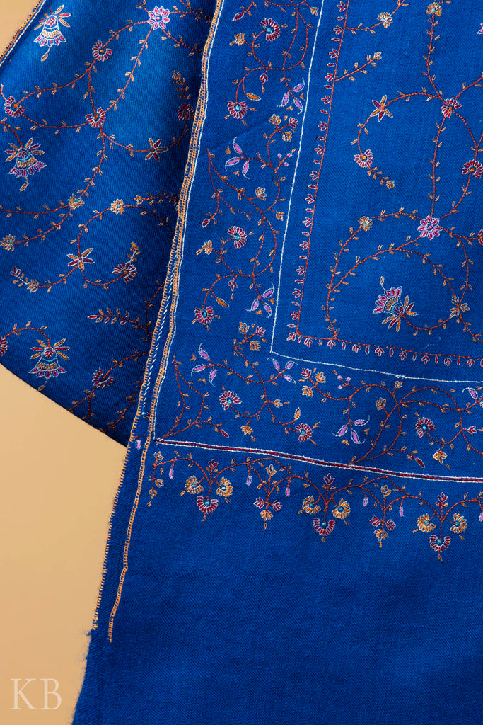 Royal Blue Neema Jama Silk Thread Embroidered Pashmina Shawl - Kashmir Box