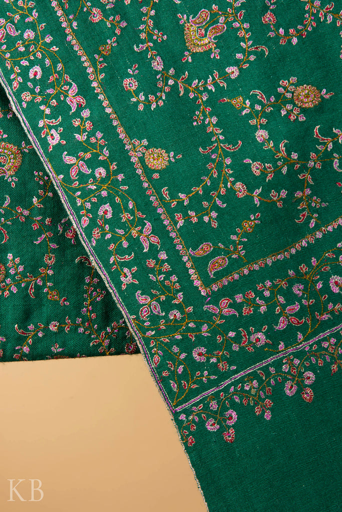 Green Neem Jama Silk Thread Embroidered Pashmina Shawl - Kashmir Box