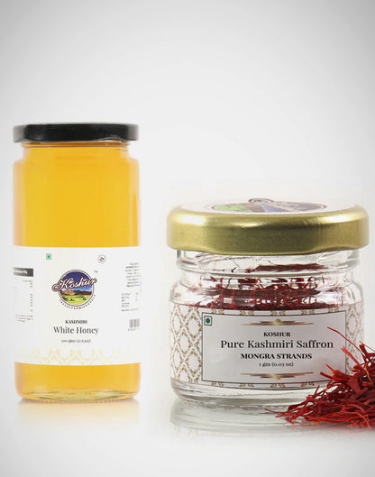 Koshur Kashmiri White Honey 500 Grams and Mongra Saffron Combo - Kashmir Box
