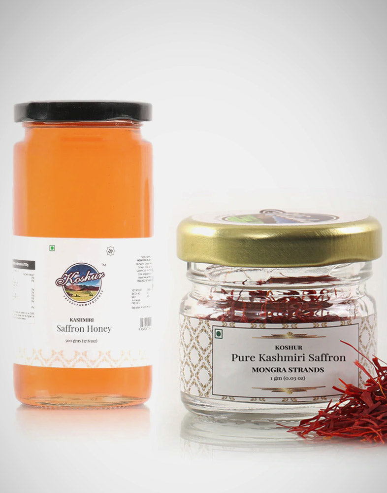 Koshur Saffron Infused White Honey 500 Grams and Mongra Saffron Combo - Kashmir Box