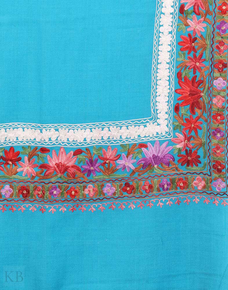Sky Blue Kashida Embroidery Woolen Shawl - Kashmir Box