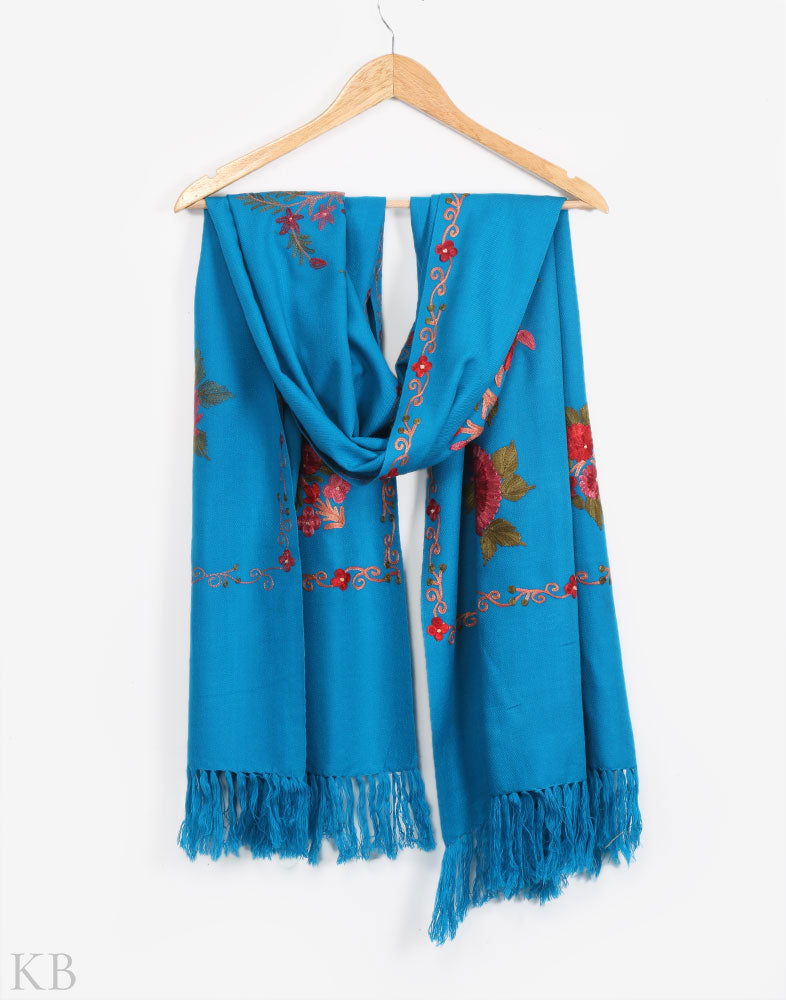 Sky Blue Aari Embroidered Woolen Stole - Kashmir Box