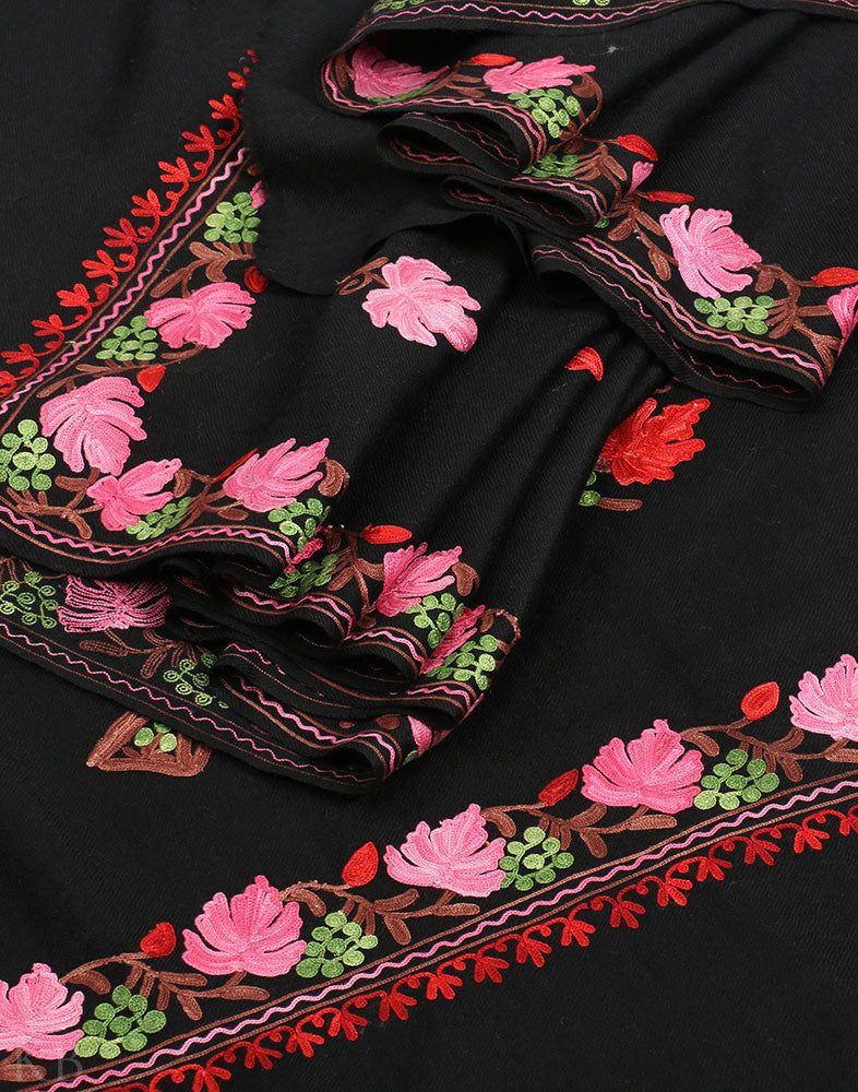 Black Kashida Embroidery Woolen Shawl - Kashmir Box