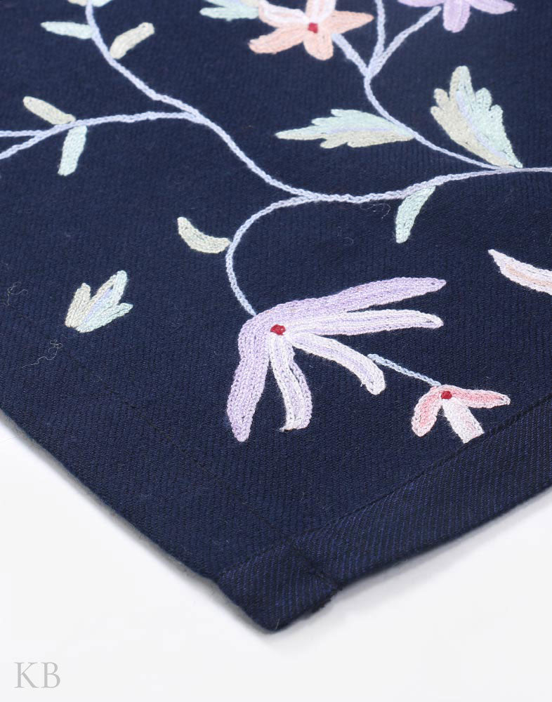 Indigo Blue Hand Embroidered Woolen Bed Spread - Kashmir Box