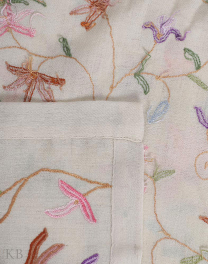 Cream White Hand Embroidered Woolen Bed Spread - Kashmir Box