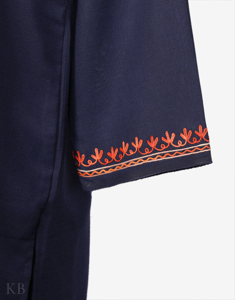Denim Blue Aari Embroidered Cotton Kurti - Kashmir Box