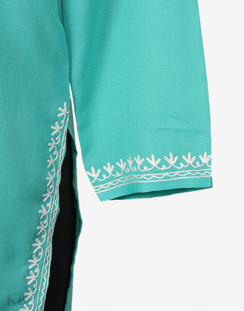 Sea Green Aari Embroidered Cotton Kurti - Kashmir Box
