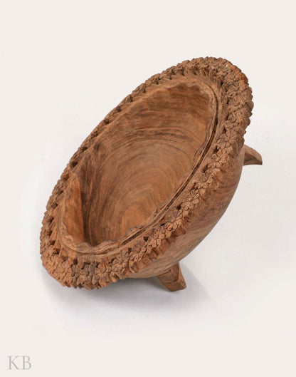 Hand Engraved Floral Walnut Wood Bowl - Kashmir Box