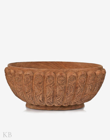 Flower Carved Walnut Wood Oval Bowl - Kashmir Box