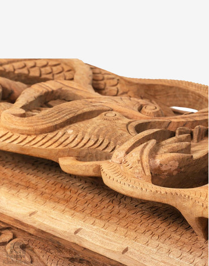 Hand Engraved Coiled Dragon Walnut Wood Wall Plate - Kashmir Box