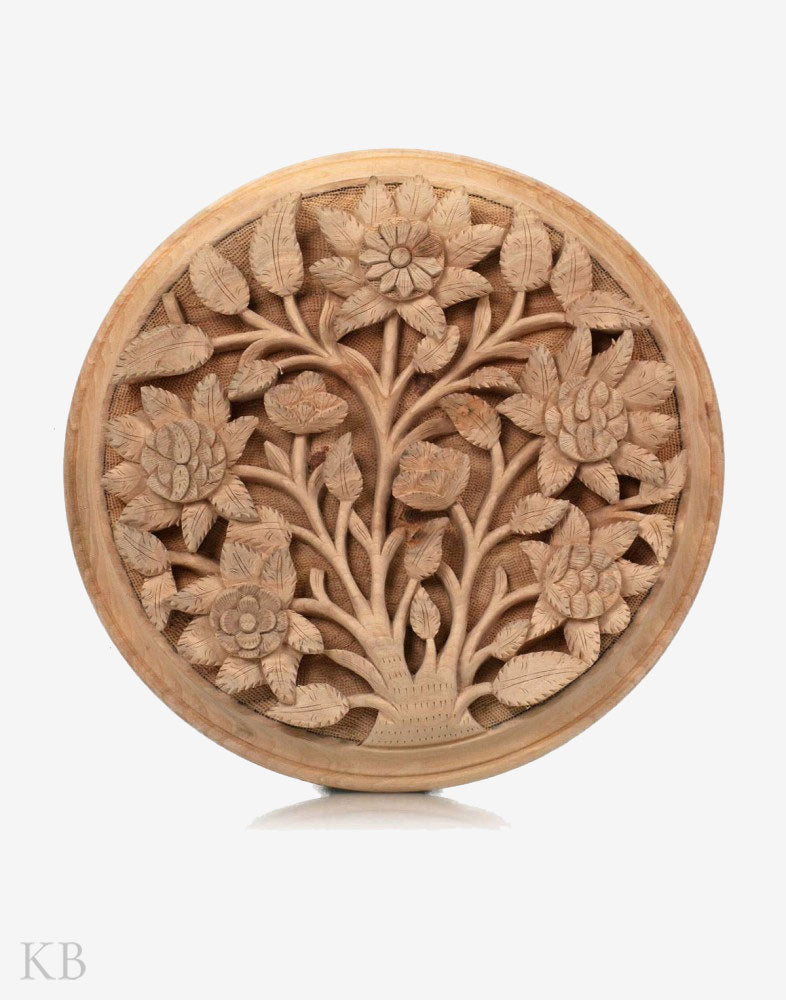 Walnut Wood Floral Carving Wall Plate - Kashmir Box