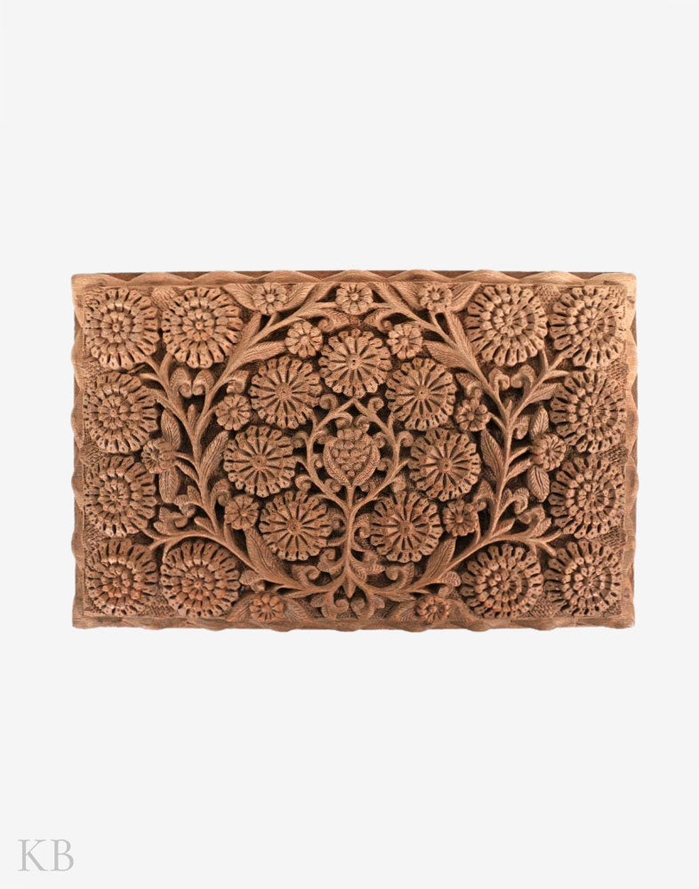Carved Marigold Handmade Walnut Wood Jewelry Box - Kashmir Box