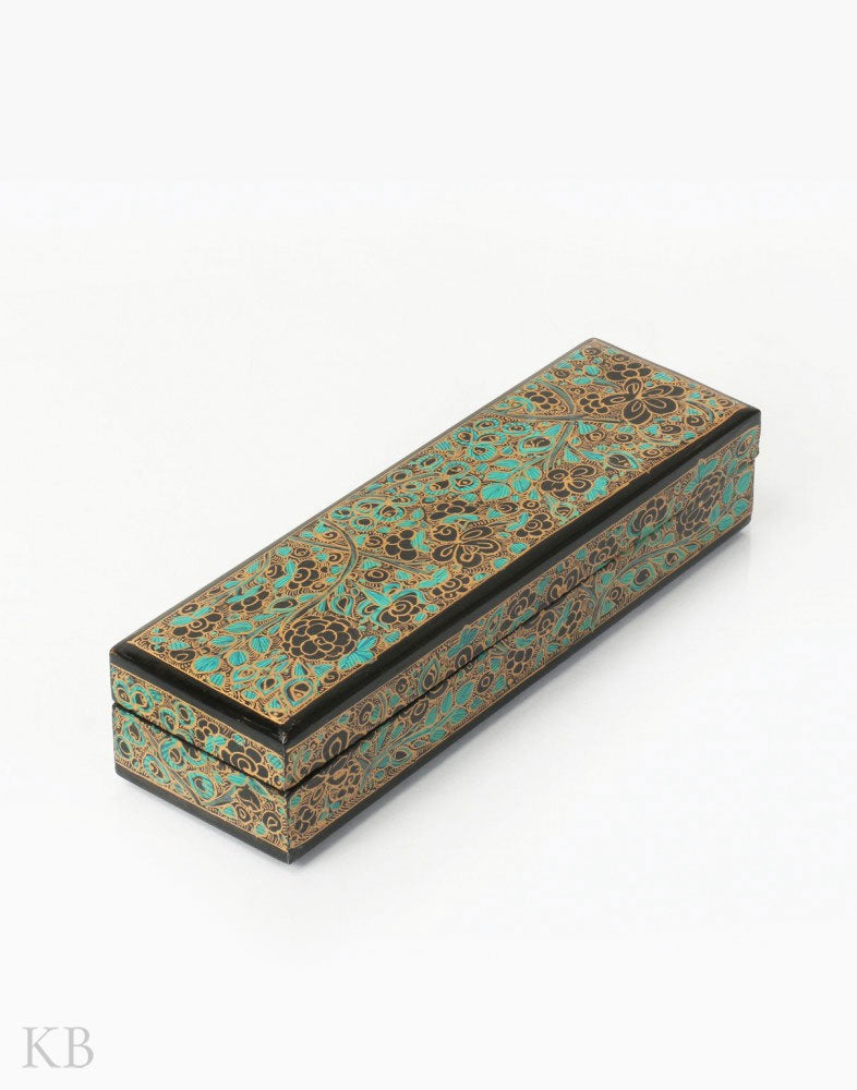Black And Blue Floral Paper Mache Pencil Box - Kashmir Box