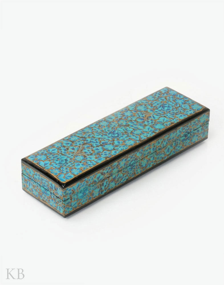 Turquoise Floral Paper Mache Pencil Box - Kashmir Box