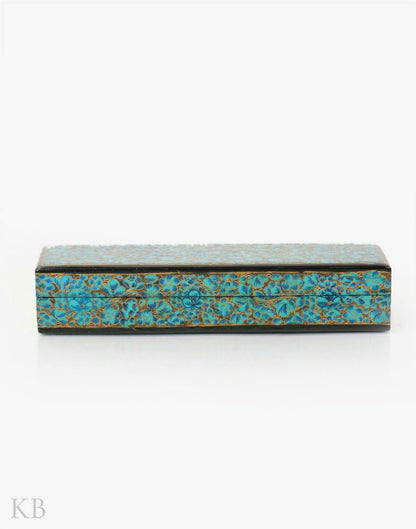 Turquoise Floral Paper Mache Pencil Box - Kashmir Box