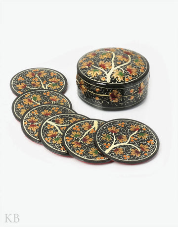 Black Embossed Chinar Tree Paper Mache Coaster Set - Kashmir Box