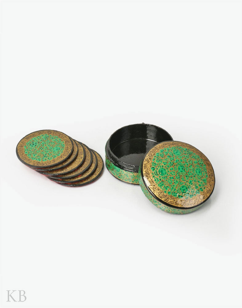 Emerald Green Flower Paper Mache Coaster Set - Kashmir Box