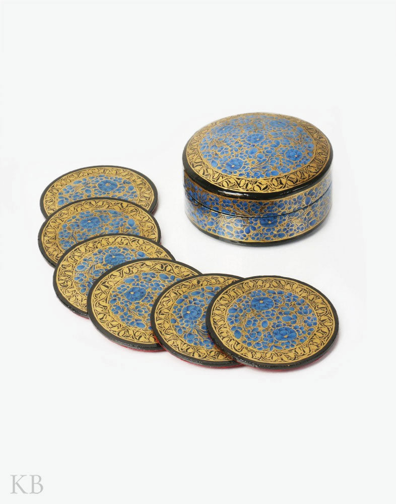 Cobalt Blue Flower Paper Mache Coaster Set - Kashmir Box