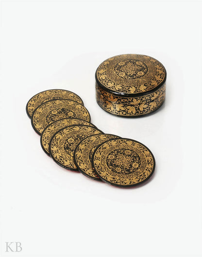 Black And Gold Paper Mache Coaster Set - Kashmir Box