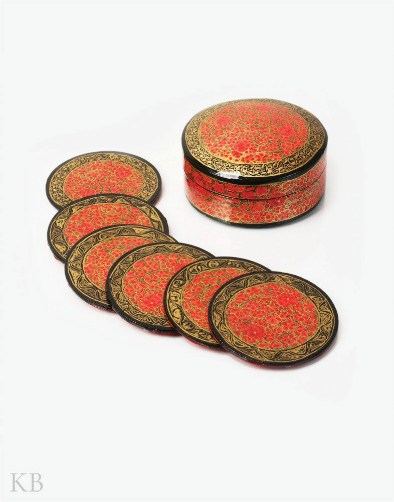 Red Flower Paper Mache Coaster Set - Kashmir Box