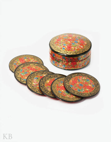 Multi Hued Floret Paper Mache Coaster Set - Kashmir Box