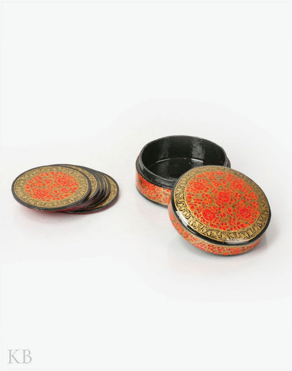Tiger Orange Flower Paper Mache Coaster Set - Kashmir Box