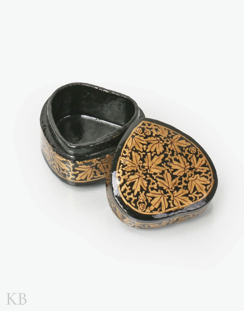 Black And Gold Heart Shaped Paper Mache Ring Box - Kashmir Box