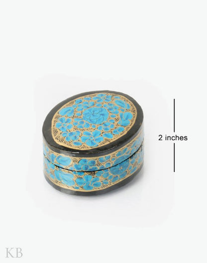 Blue Ruby Flower Oval Paper Mache Ring Box - Kashmir Box
