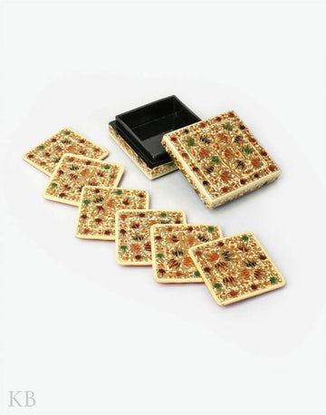 Cream White Chinar Tree Square Paper Mache Coaster Set - Kashmir Box