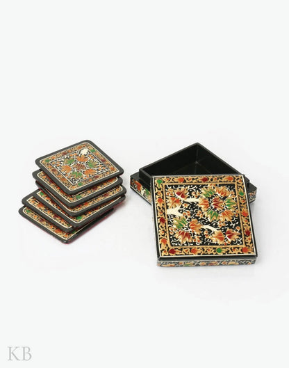 Multicoloured Flower Tree Square Paper Mache Coaster Set - Kashmir Box