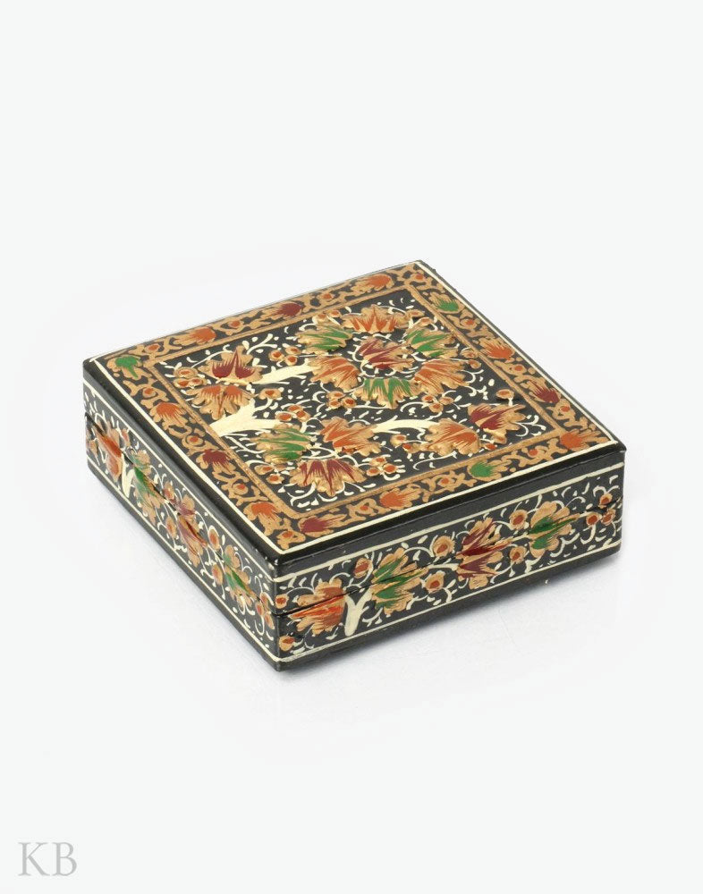 Multicoloured Flower Tree Square Paper Mache Coaster Set - Kashmir Box