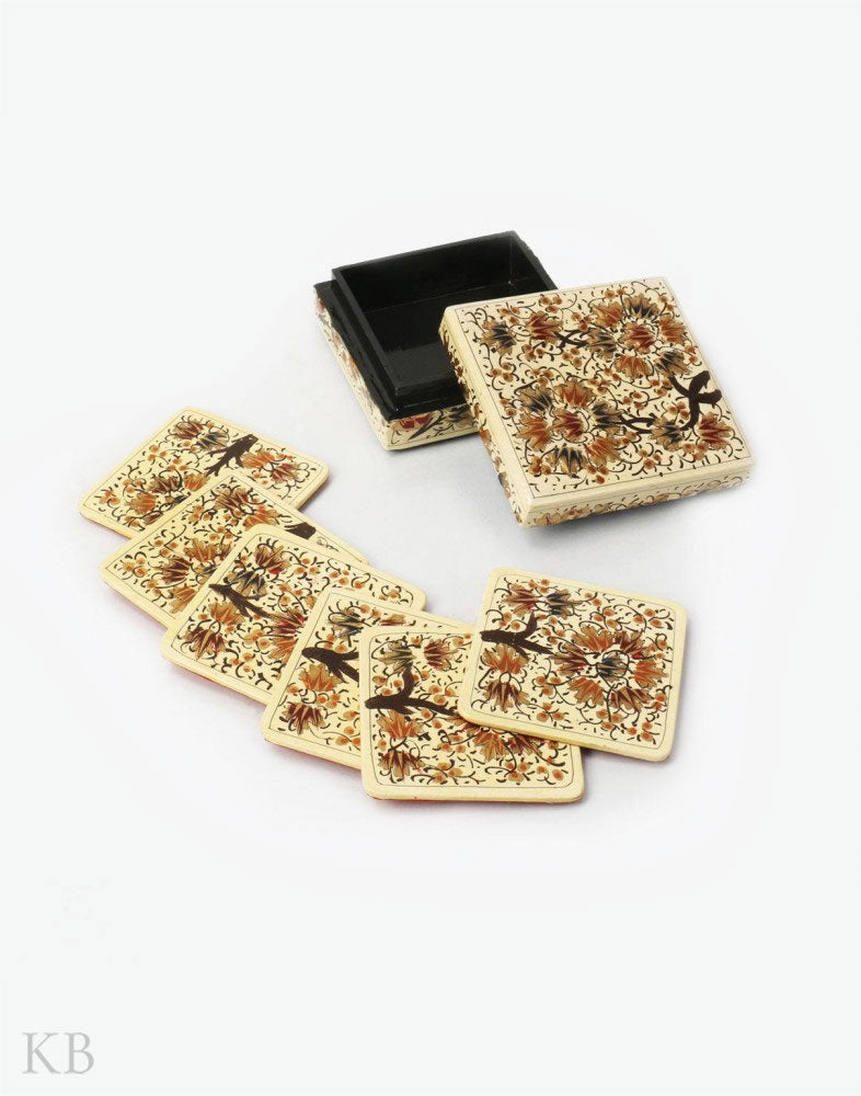 Cream White Flower Tree Square Paper Mache Coaster Set - Kashmir Box