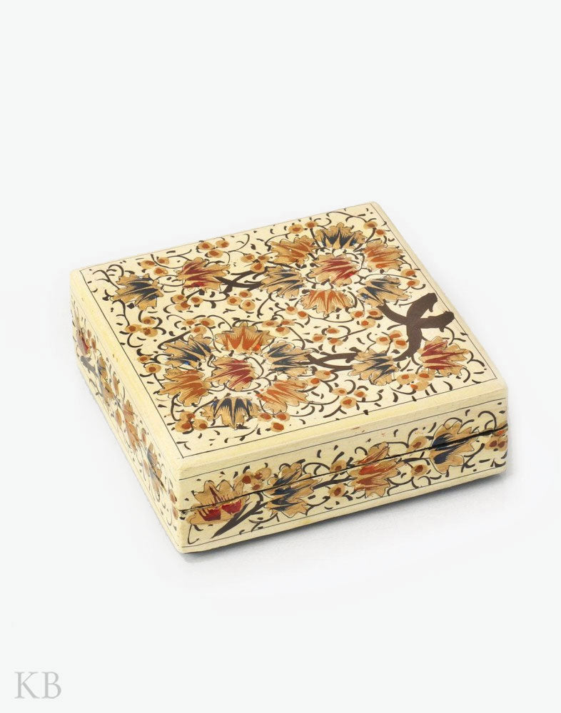 Cream White Flower Tree Square Paper Mache Coaster Set - Kashmir Box