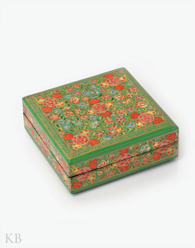 Olive Green Floret Square Paper Mache Coaster Set - Kashmir Box