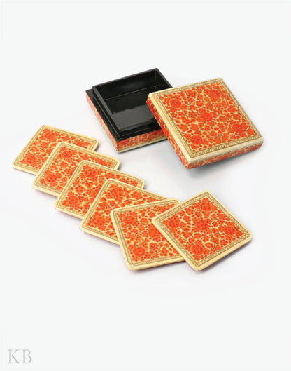 Orange Florets Square Paper Mache Coaster Set - Kashmir Box