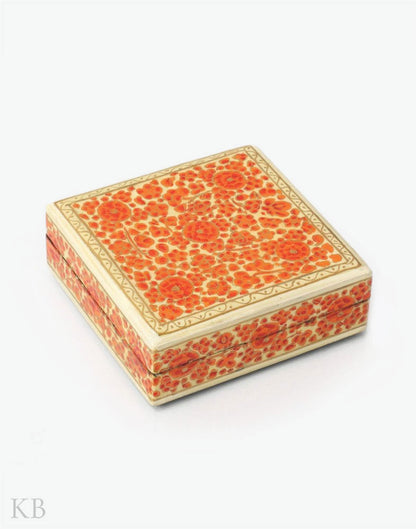 Orange Florets Square Paper Mache Coaster Set - Kashmir Box