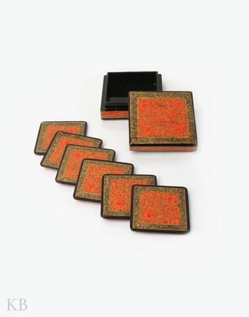 Orange Efflorescence Square Paper Mache Coaster Set - Kashmir Box