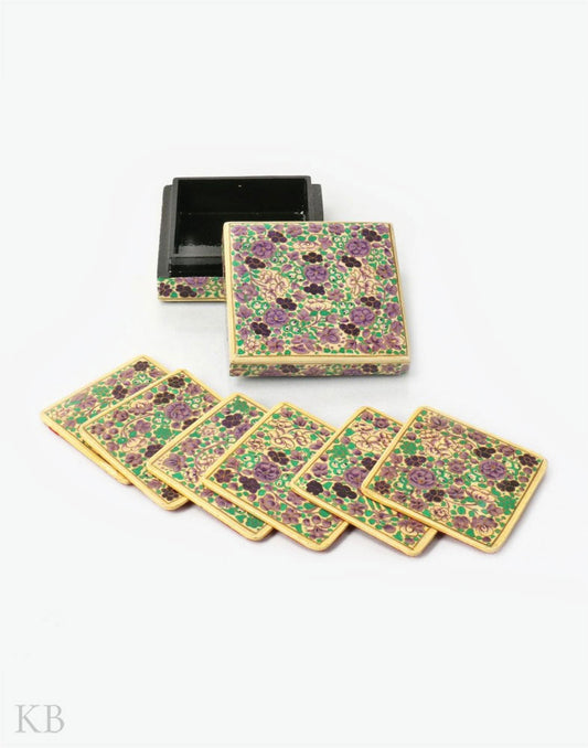 Purple Ruby Floret Square Paper Mache Coaster Set - Kashmir Box